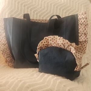 Polka Dot Ruffle Denim Tote and Pouch Set  NEW